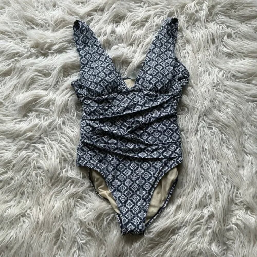 Garnet Hill One Piece Swimsuit Sz 10 Navy Tile Print